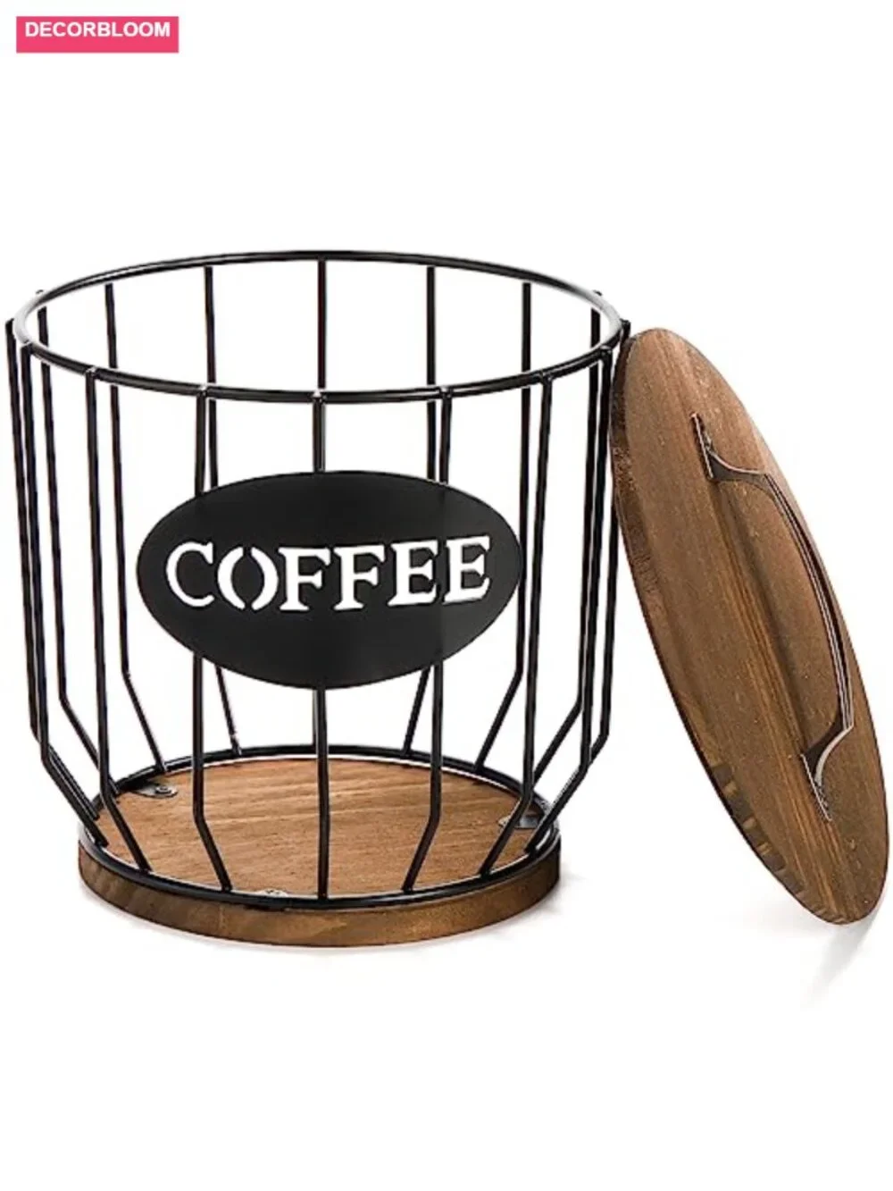 Large Capacity Coffee Pod Holder with Rustic Wooden Lid and Base, Metal Wire K